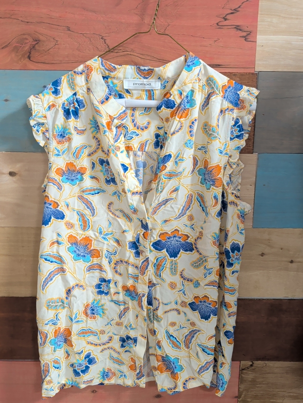 Promod Cream Floral Split-Neck Ruffle Sleeve Top